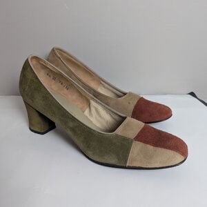 Florsheim Suede pumps patchwork vintage heels block heel round square toe sz 8.5